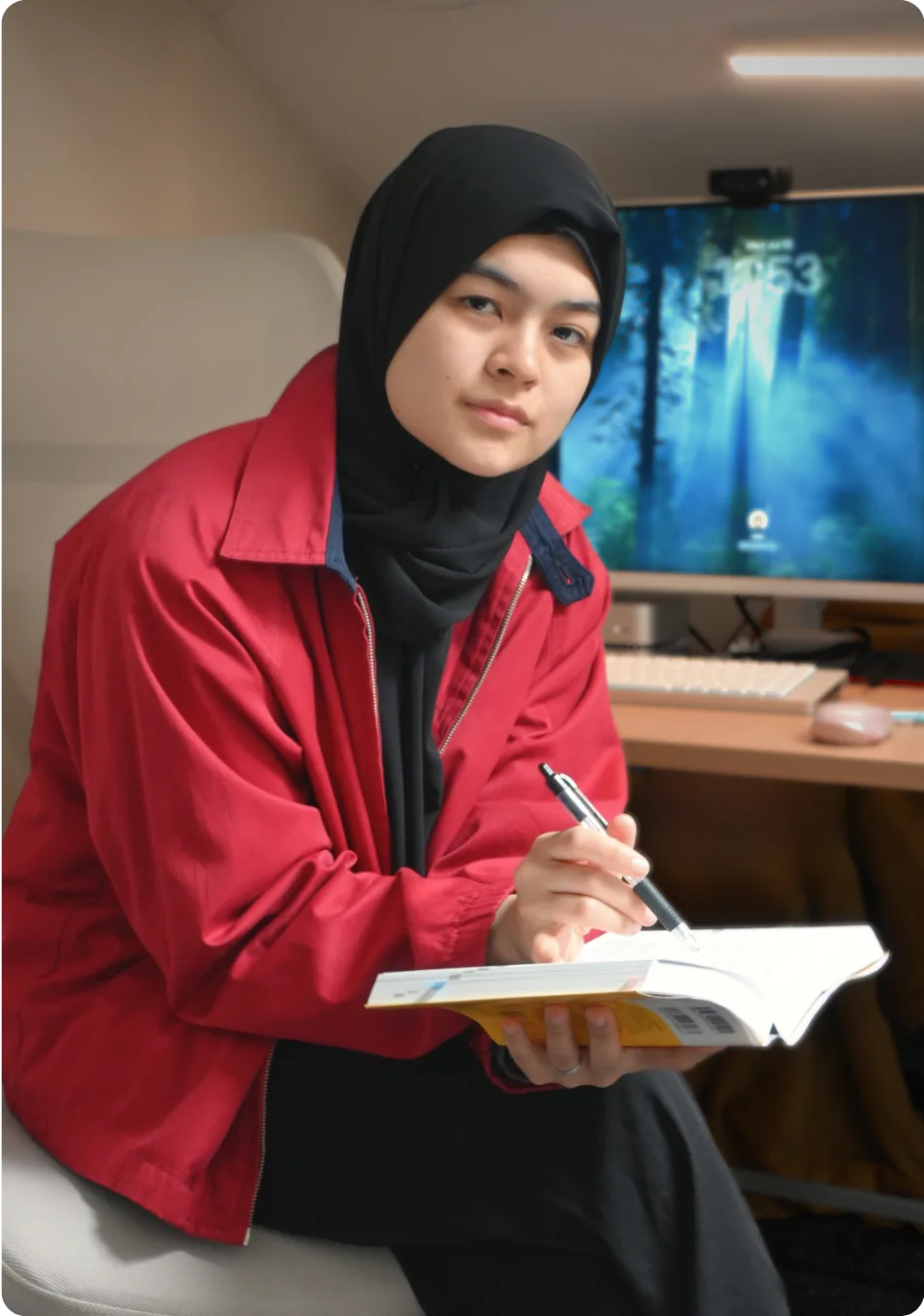 Zubiya sensei at her desk holding a textbook